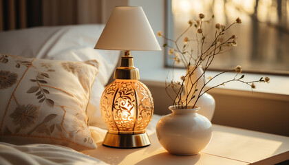 Sticker - Comfortable, modern bedroom with elegant decor and luxurious bedding generated by AI