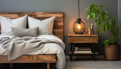 Canvas Print - Modern, comfortable bedroom with elegant wood design and cozy lighting generated by AI