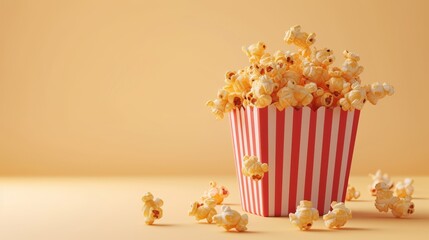 Wall Mural - Scattered delicious popcorn from red striped box on pastel yellow background with copy space