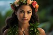 portrait of a beautiful young woman wearing a flower crown and a hawaiian lei
