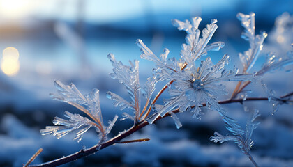 Canvas Print - Winter beauty frost on branch, snow covered tree, frozen leaf generated by AI