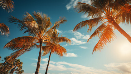 Sticker - Tropical sunset, palm trees, blue sky, serene beach paradise generated by AI