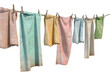 A Row of Towels Hanging From a Clothes Line. A straight line of colorful towels hangs from a clothes line suspended between two posts in an outdoor setting.