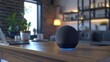 A smart speaker with glowing blue lights activated on a wooden desk in a contemporary home office setting.