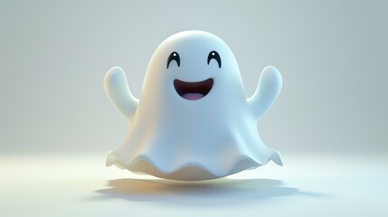Wall Mural - Adorable 3D ghost character floating playfully on a clean white background, perfect for Halloween designs and friendly spooky projects.