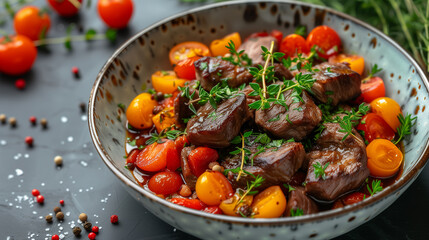 Wall Mural - A bowl of beef stew with tomatoes and carrots on a table