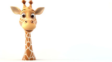 Wall Mural - Adorable 3D giraffe character in vibrant colors, standing tall on a clean white background. Perfect for welcoming presentations, cheerful designs, and children's projects.