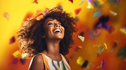 Wall Mural - Portrayal of a dynamic black woman beaming with happiness on a coloured background