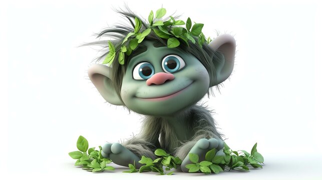 A charming 3D troll with an adorable expression, standing on a pristine white background. Ideal for adding a touch of whimsy to any project or presentation.