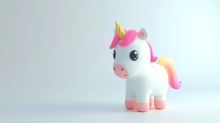 Wall Mural - Adorable 3D unicorn with a whimsical expression and colorful rainbow mane, standing on a pristine white background. Perfect for adding a touch of magic to your creative projects.