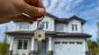 Une main tenant une clé devant une maison neuve en arrière-plan.
