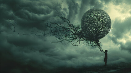 Surreal photo manipulation of a person holding a balloon made of intertwining vines, symbolizing the connection between nature and mental well-being