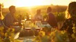 A captivating moment unfolds as wine lovers indulge in a luxurious tasting experience amidst a tranquil vineyard bathed in the warm glow of the setting sun. The golden light creates an encha
