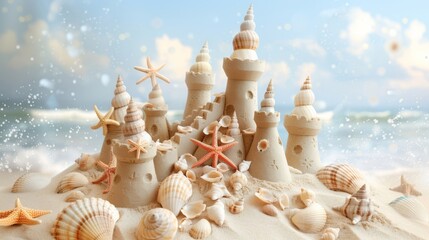 Wall Mural - Sandcastle surrounded by shells on a beach with azure sea in the background, ideal for vacation and summer themes.