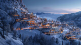 Fototapeta  - A luxurious ski resort nestled on the peak of an untouched mountain where the slopes are paved with gold and diamonds reflecting the sunlight in a dazzling display of wealth