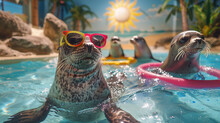 Envision A Lively Display Area Within An Amusement Park Where A Group Of Seals Each Donning A Pair Of Colorful Sunglasses Perform