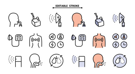 Nebulizer signs collection. Editable stroke. Medical equipment for inhalation in the diseases, asthma, bronchitis