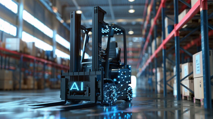 Ai concept ware house forklift operating, Ai badge , modern warehouse with AI 