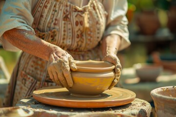 Professional potter making bowl in pottery workshop, studio.
