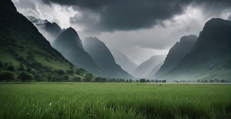 a green valley with mountains and clouds.  Generative AI.