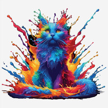 Cute Sitting Cat Watercolor Splash Paint Vibrant Colors Eps Vector Illustration On Isolated Background, Abstract Digital Art For Logo, T-shirt Design, Posters, Banners, Greetings, Sticker Print Design