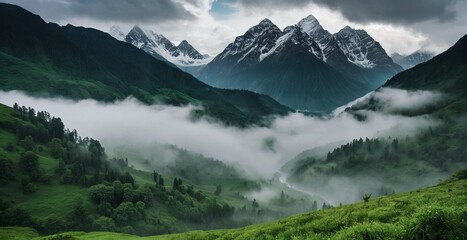 Wall Mural - a green valley with mountains and clouds.  Generative AI.