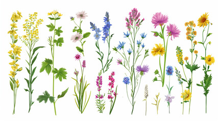 Wall Mural - Diverse and varied  Field wild natural flowers isolated and separated on white background. Full plants with flower, leaves and stem. 