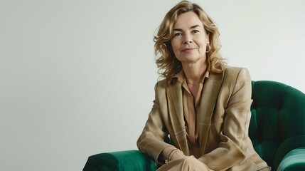 Wall Mural - Confident businesswoman in stylish beige suit sitting on a velvet chair, professional portrait with clean background. AI