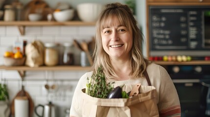 Sticker - Smiling woman in a cozy kitchen holding a bag of fresh groceries. home cooking, healthy lifestyle concept. casual style, daily routine. AI