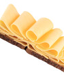 © mario - open sandwich two slices of whole grain bread with several slices of cheese folded isolated on yellow background top view portrait isolated on white background