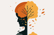 Dementia or Alzheimer's disease concept, head silhouette and autumn tree as senior brain, mental illness symbol. Falling old leaves as memory loss, thinking problem, cognitive impairment sign.