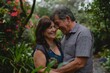 © Bijac - Mature couple of latin heritage sharing a tender moment in a picturesque garden Embodying the joy of lifelong companionship and the beauty of aging gracefully together