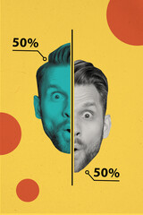 Poster - Vertical collage picture of 50 percent half divided face head impressed black white colors guy isolated on yellow background