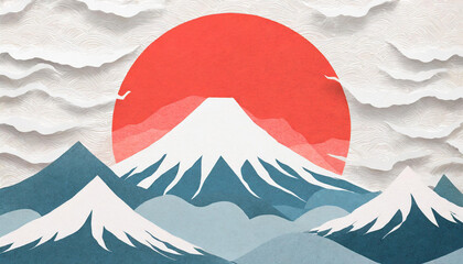 Wall Mural - illustration of japanese travel attractions. rising sun as red circle depicting flag. mount fuji bac