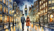 A romantic couple on holiday walk away while holding hands centrally in a popular tourist city at night with bright lights, vibrant colours, stars and destinations in background. Leading lines. London