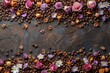 © paul - Coffee beans and flower petals framed on a abstract background
