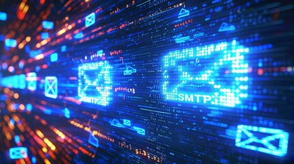 Simple Mail Transfer Protocol, with abstract technology background with binary code and mail signs .Email marketing concept. 