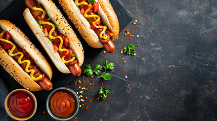 Wall Mural - Homemade hot dogs with sauces, copy space
