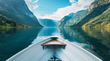 View From The Bow Of A Small Modern Boat To A Smooth Calm Lake And Beautiful Mountains Around
