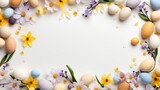 Fototapeta Na sufit - Flat lay frame with easter eggs and spring flowers  on white background