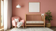 © ImageFlow - Cozy nursery room with pink walls, wooden crib, and armchair. Home comfort and childcare concept Generative AI