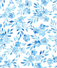 Wall Mural - Watercolor floral pattern. Blue ornament on a white background. Handmade.