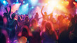 Electrifying Music Festivities: A Throng of Revelers Dancing Fervently in a Blurry Bacchanal Setting Under a Gleaming Backdrop