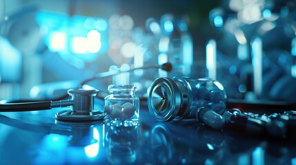 Wall Mural - close up illuminated with light glowing blue close up medical technology digital background with bot