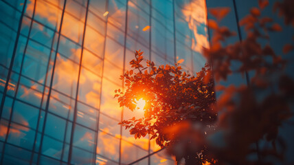 Eco-friendly building in the modern city. Sustainable glass office building with tree for reducing carbon dioxide,generative ai