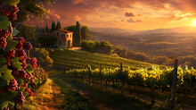A Beautiful Landscape With Sunflowers And A View Of A Vineyard,,
A Painting Of A Vineyard With A Church In The Background