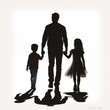 © Valua Vitaly - Family silhouette. Black silhouette of a family. Silhouette of a father with two children. Black and white back view silhouette of a father walking with his daughter and son holding hands.
