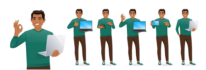 Young casual business man holding with blank screen laptop computer and tablet standing different posing isolated vector illustration