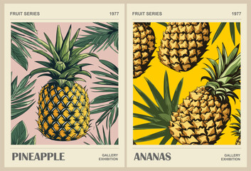 Wall Mural - Set of abstract Fruit Market retro posters. Trendy kitchen gallery wall art with pineapple, ananas fruits. Modern naive groovy funky interior decorations, paintings. Vector art illustration.