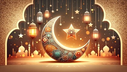 Wall Mural - Illustration in cartoon style for ramadan celebration with a crescent moon with intricate geometric patterns and lanterns.